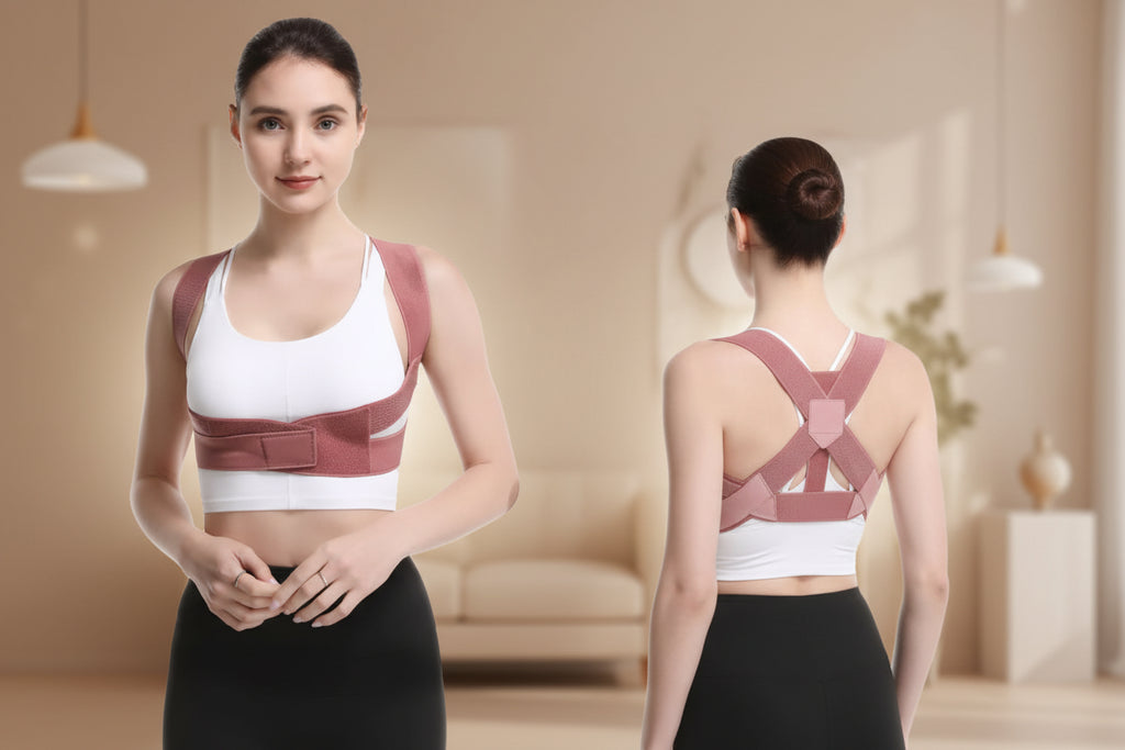 Woman wearing a pink posture corrector with a white background
