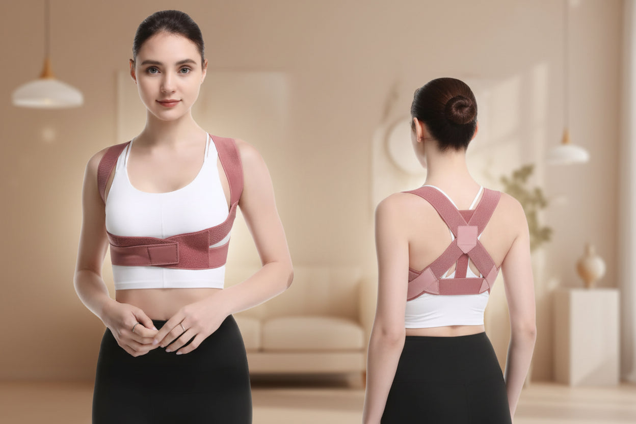 Woman wearing a pink posture corrector with a white background