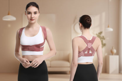 Woman wearing a pink posture corrector with a white background