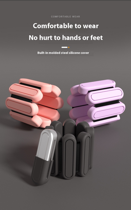 Set of pink, purple, and black arm exercises with text on a gray background