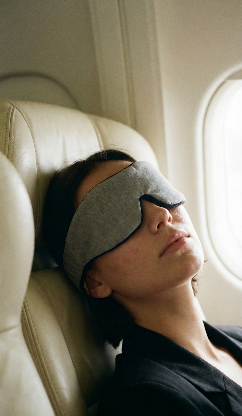 Person sleeping on an airplane with a sleep mask on