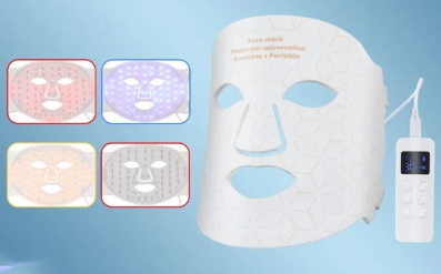 LED face mask with control device on a blue background