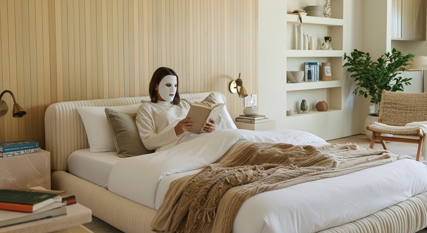 Person wearing a white mask lying on a bed in a cozy bedroom.