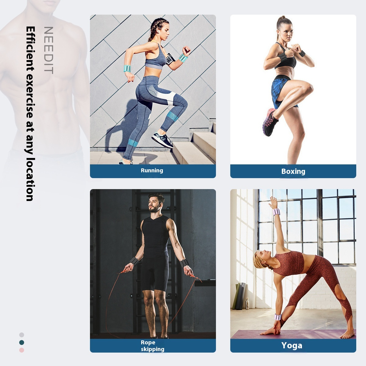 Four different exercise scenarios with people performing running, boxing, rope skipping, and yoga.